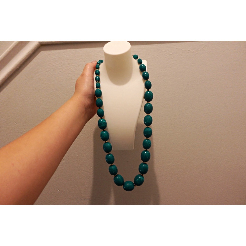 Monet Signed Teal Lucite 27" Chunky Oval Beaded Necklace